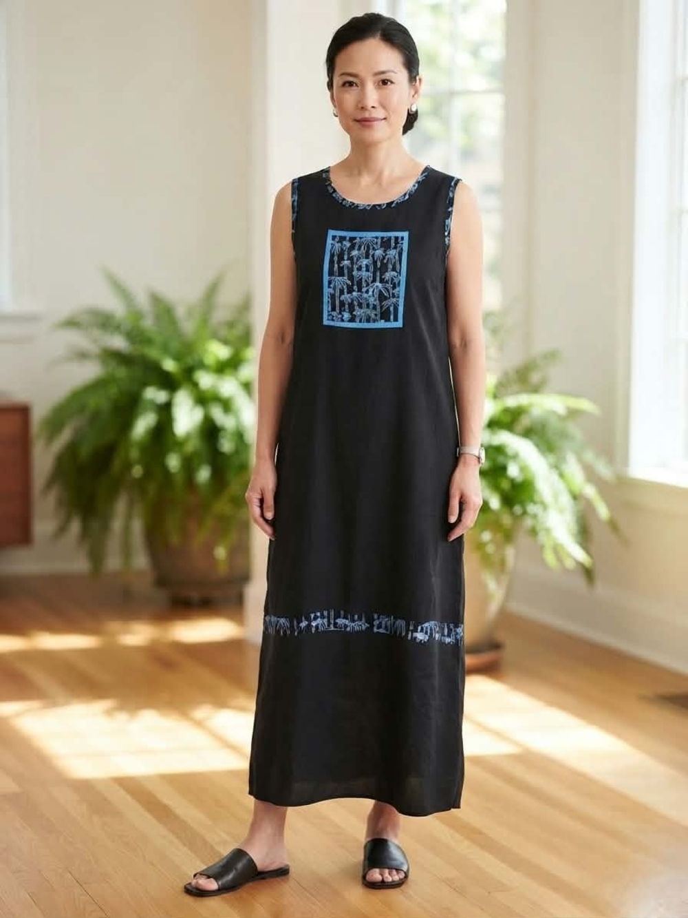 Island Feeling Black & Blue Bamboo Print Maxi Dress / Cover-Up Size XL